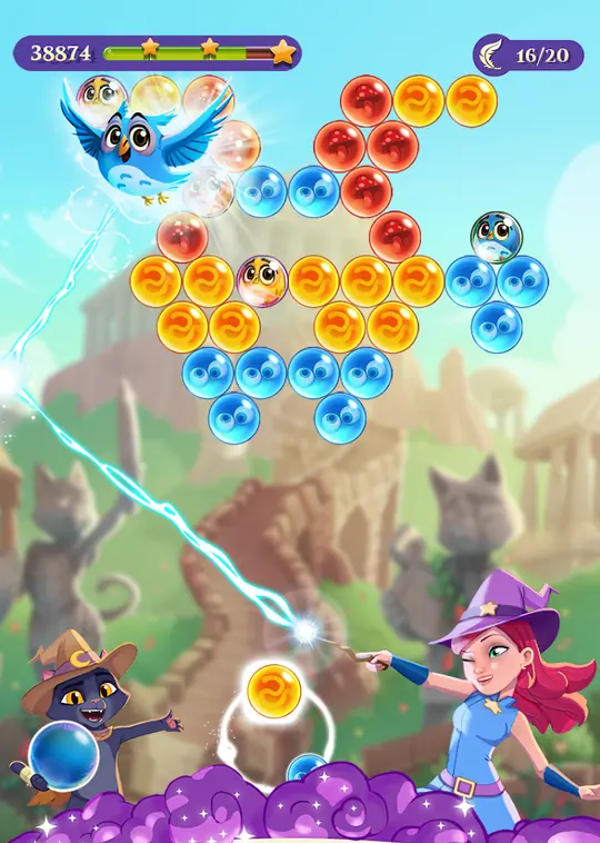 Skjermbilde fra Bubble Witch 3 Saga med bobler, siktelinje og bakgrunnsanimasjon