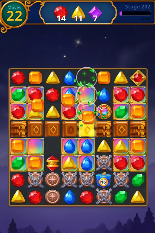 Skjermbilde fra Jewels Magic: Mystery Match3 med et edelsteinbrett og trekkteller